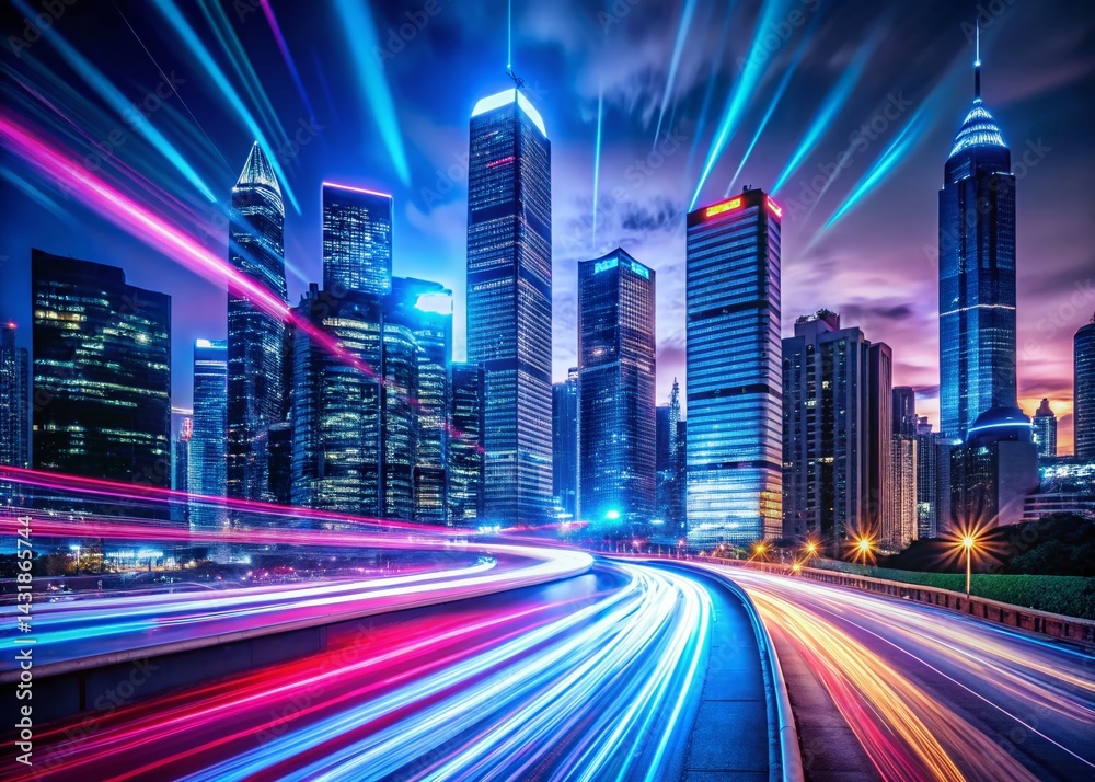 Fototapeta premium Silhouette Cityscape Neon Lights Trails Futuristic Skyscrapers Night Photography
