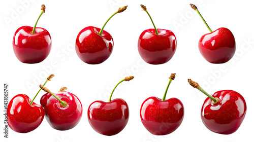 Vibrant Cherry Arrangement: A visually striking display of ripe, juicy cherries, each boasting a rich, glossy red hue, set against a bright backdrop. Perfect for food-related content.