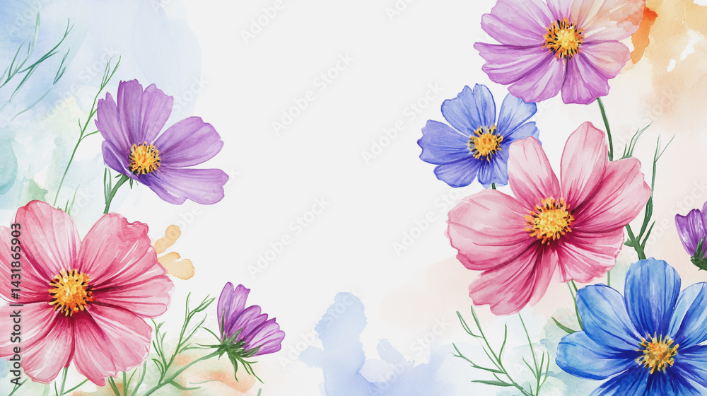 Fototapeta premium Elegant wedding invitation card background . Minimal hand painted watercolor Cosmos flowers texture template background. Design for wedding, vip cover, poster, rsvp moderncard.Valentine's Day