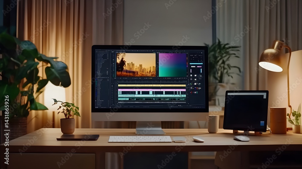 Fototapeta premium A cozy home office at night, featuring a desktop computer displaying video editing software. Plants and a desk lamp add to the ambiance. Perfect for productivity and creativity.