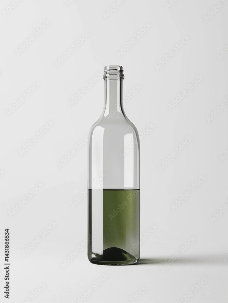 Clear wine bottle with dark liquid and blank label mockup on neutral background. Elegant packaging template for wine, oil, or luxury beverage branding projects Clear wine bottle with dark liquid and blank label mockup on neutral background. Elegant packaging template for wine, oil, or luxury beverage branding projects