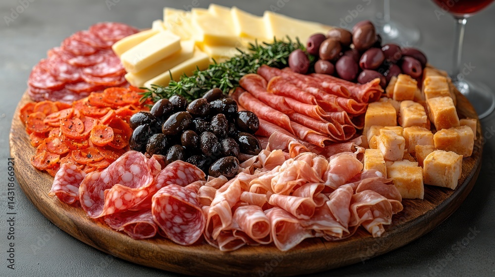 Charcuterie board with meats cheeses and olives on a wooden platter. Charcuterie board with meats cheeses and olives on a wooden platter.