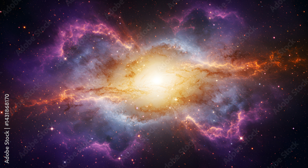 Fototapeta premium a breathtaking spiral galaxy with bright orange and purple hues, a stunning cosmic view.