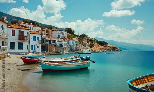 Tranquil coastal village with colorful boats, clear blue water, and scenic mountainous backdrop