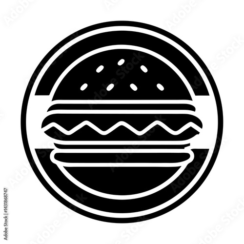 A vector illustration of a cartoon cheeseburger icon on a round button, perfect for fast food signs or menus
