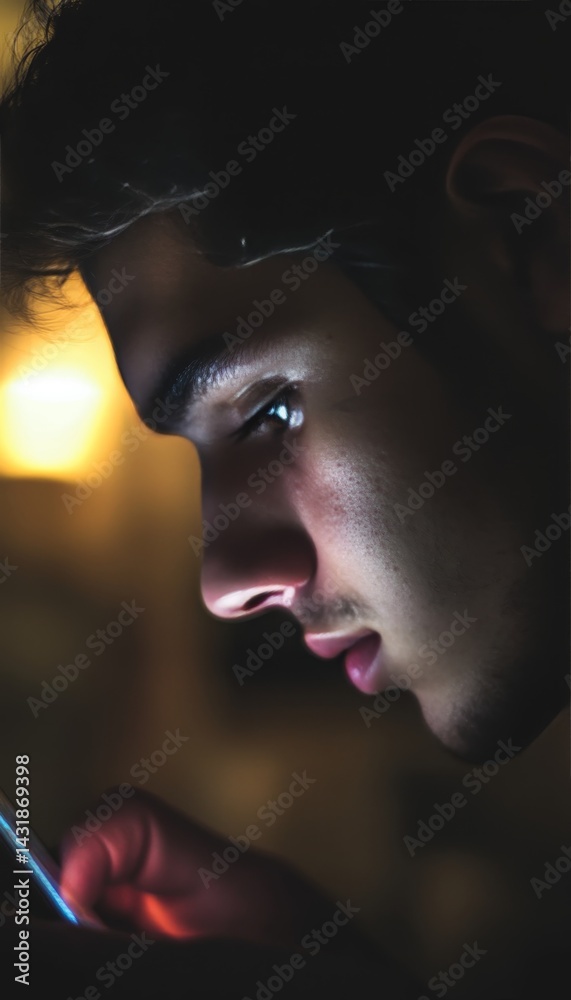 Close up of a young man engrossed in his smartphone, reflecting curiosity and focus in soft light