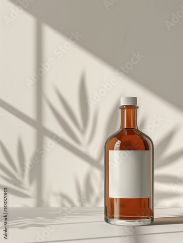 Amber glass bottle mockup with blank label standing in sunlight with plant shadows on a wall. Minimalist natural branding concept for cosmetic or skincare products