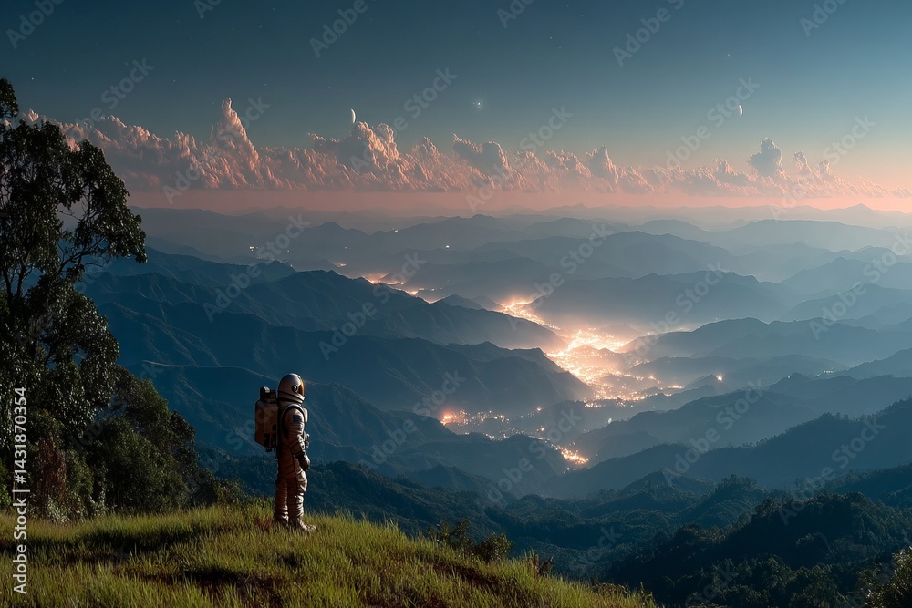 Fototapeta premium A man in a spacesuit stands on a hill overlooking a city. astronaut concept.