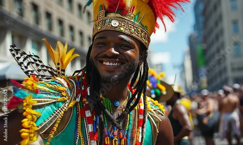 Vibrant celebration of culture with a joyful performer in a colorful costume at a lively street parade