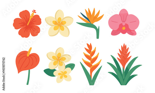 Vibrant tropical floral icons set – flat style for creative designs. Vector icons