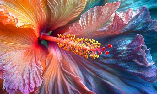 Vibrant close-up of a colorful hibiscus flower showcasing intricate petals and stamens