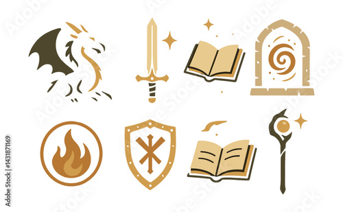 Enchanting fantasy magic icons set: featuring dragons, swords, and mystical elements. Vector icons