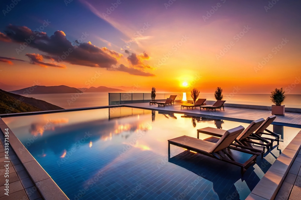 Obraz premium Silhouette of Sunbeds by Grecian Pool at Sunset - 3D Render