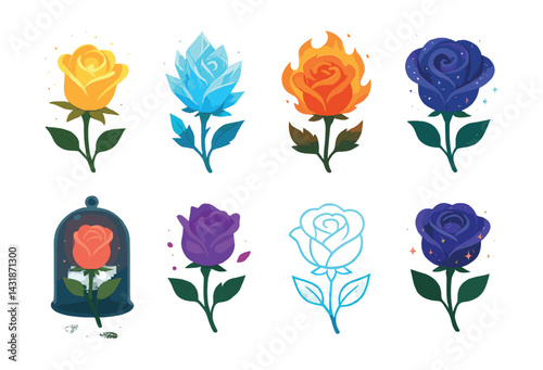 Enchanted fantasy rose icons set: magic elements in , mystic florals. Vector icons