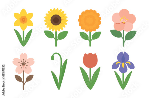 Bright and beautiful seasonal floral icons set - flat style for spring and summer designs. Vector icons