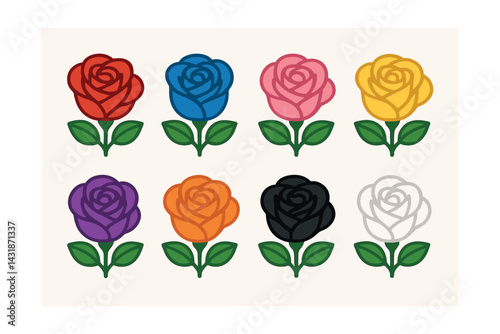 Diverse rose icon set: vibrant floral designs in . Vector icons