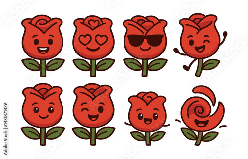 Charming cartoon rose icon set: expressive floral faces in playful design. Vector icons