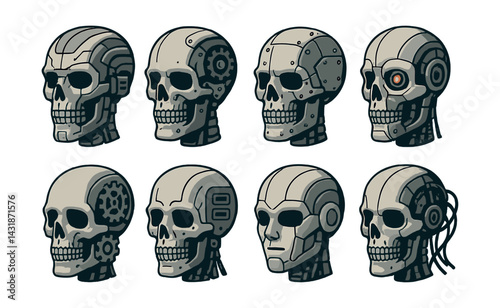 Mechanical skull icon set in flat style featuring eight unique designs. Vector icons