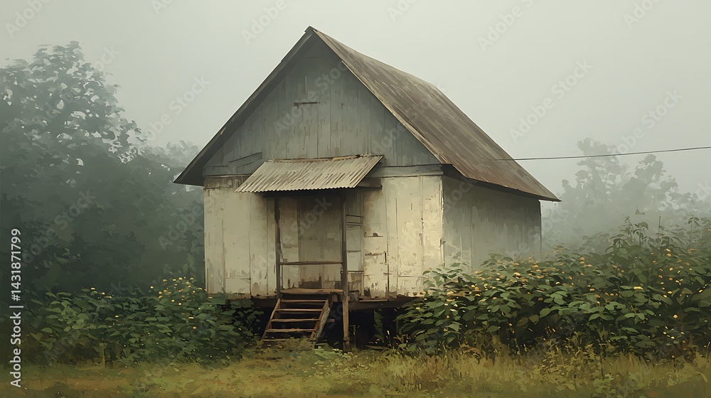 Obraz premium Foggy rural house in misty field