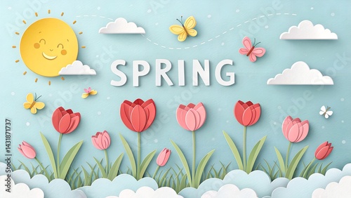 Happy Spring Banner with Cute Sun, Colorful Tulips, and Clouds  bloom sky garden sunshine festive