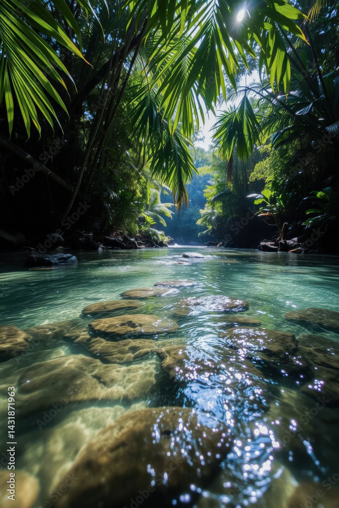 Crystal-Clear River in Lush Tropical Rainforest