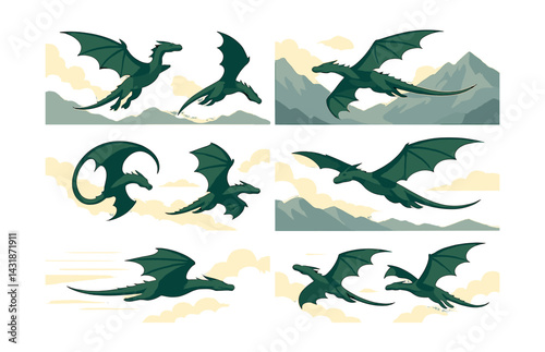Elegant dragon icons set: design of majestic dragons in flight over mountains. Vector icons