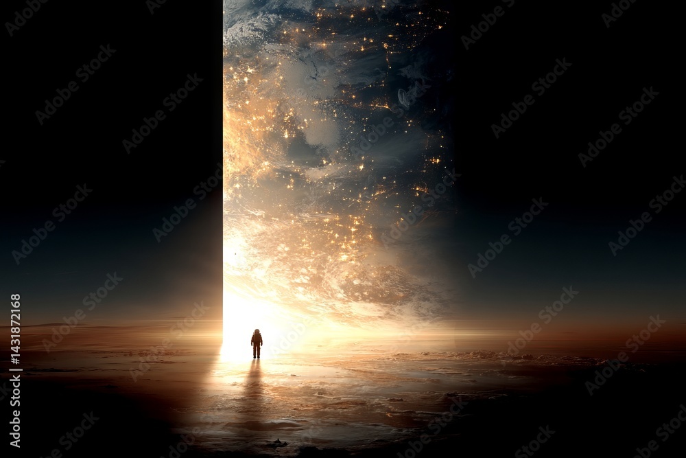 Fototapeta premium A man stands in front of a large, glowing, glowing, glowing, glowing, glowing. astronaut concept.