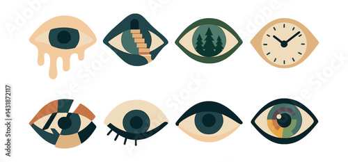 Surreal eye icons set: whimsical and dreamlike illustrations in flat style. Vector icons