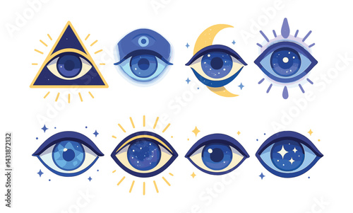 Mystical eyes icons set: enchanting eye designs for magical themes. Vector icons
