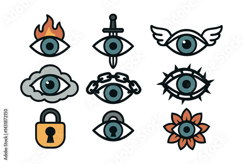 Eye symbol icons set: conceptual vision designs in a flat style. Vector icons