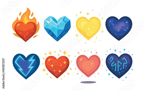 Enchanted heart icons set: eight unique heart designs with vibrant colors and themes. Vector icons