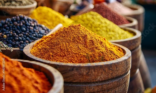 Vibrant display of colorful spices in wooden containers at a bustling market scene