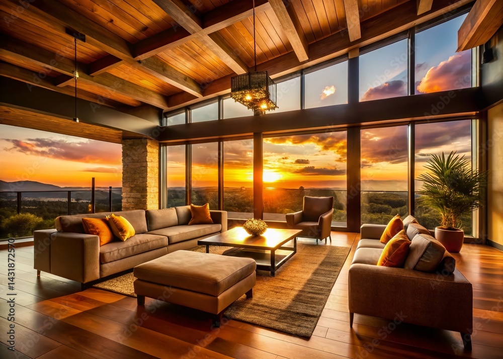 Naklejka premium Silhouette Photography: Modern Rustic Living Room with Wooden Beams