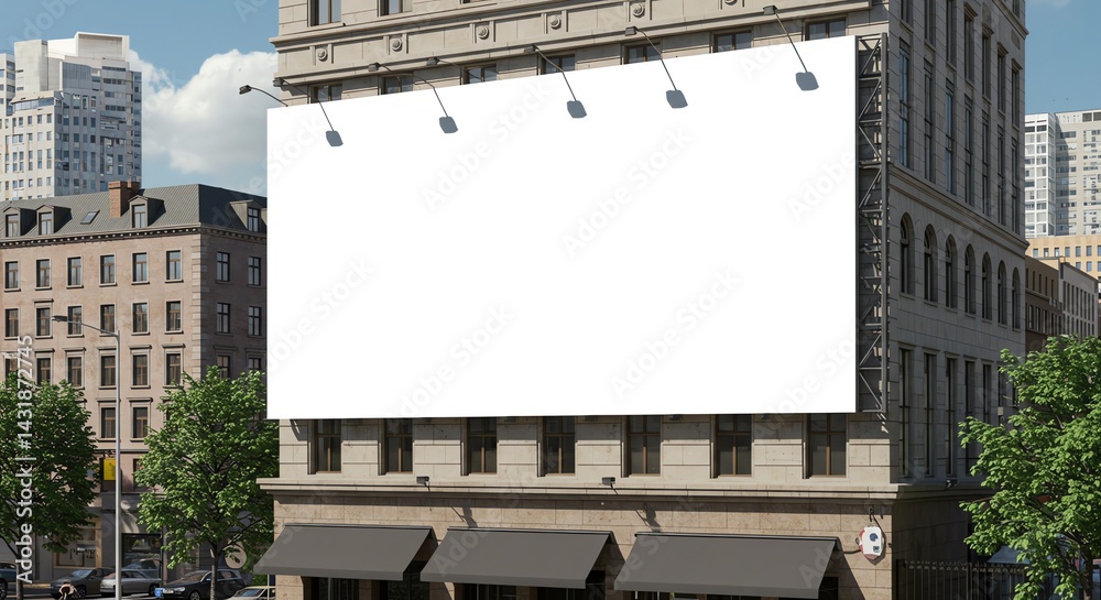 Obraz premium Blank Billboard on Building Advertises in Urban Cityscape Setting