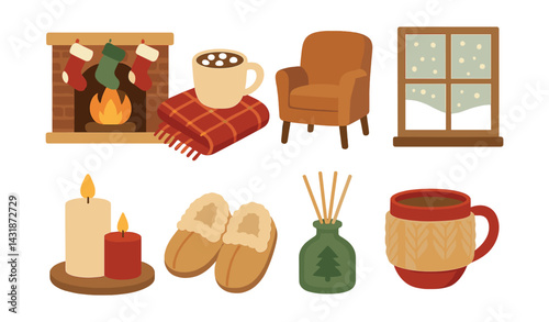 Cozy holiday fireplace icon set: flat style with warm winter essentials. Vector icons