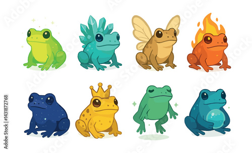 Enchanted frogs icon set: magical amphibian characters in vibrant flat style. Vector icons