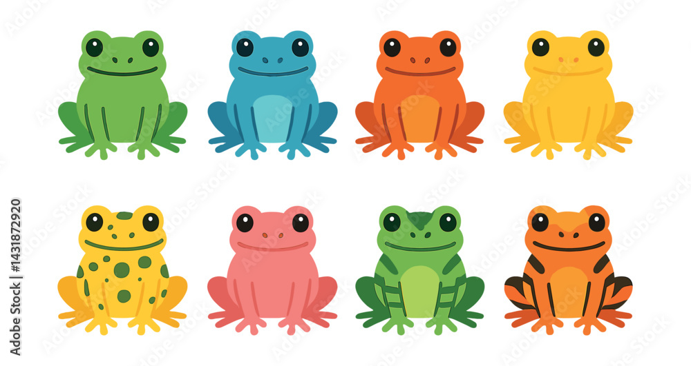 Fototapeta premium Vibrant frog icons set: colorful amphibians for creative designs in flat style. Vector icons