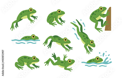 Playful frogs icons set: amphibian action theme in flat design. Vector icons