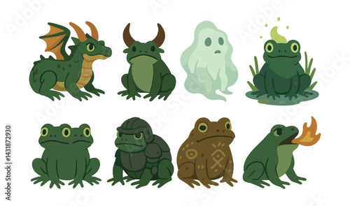 Mythical frog icons set: enchanted amphibian collection in flat style. Vector icons