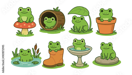 Charming frog habitats icon set: playful designs for nature-themed projects. Vector icons