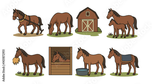 Farm horses icons set: barn, grazing, horses, stable – flat style collection for agriculture themes. Vector icons