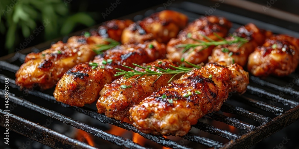 Grilled chicken wings cooked on a barbecue with herbs at a summer gathering in the backyard during sunset Grilled chicken wings cooked on a barbecue with herbs at a summer gathering in the backyard during sunset