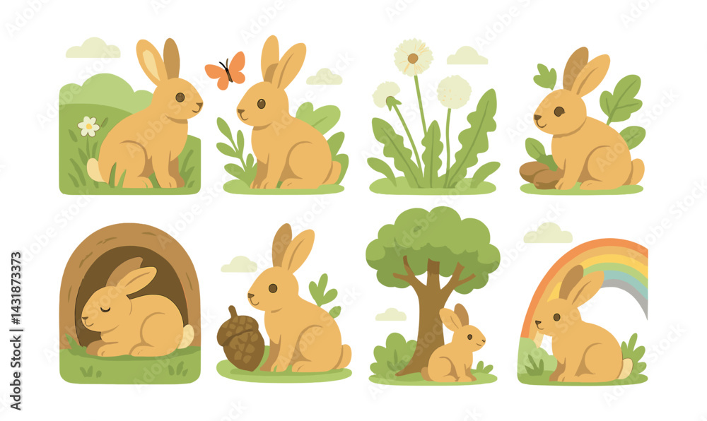 Naklejka premium Charming bunny and nature icons set – flat style: rabbits, trees, dandelions, rainbows. Vector icons