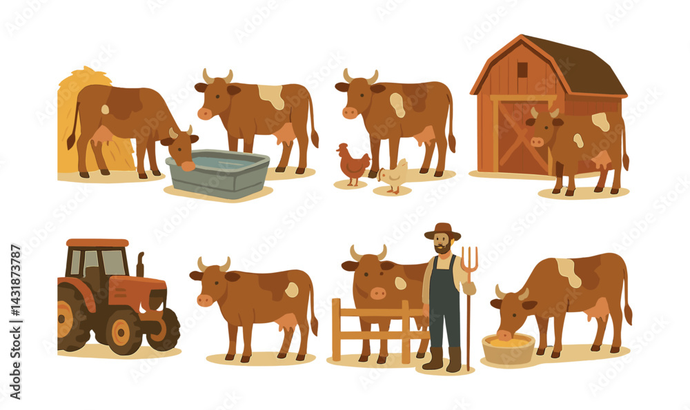 Charming barnyard cows icon set: featuring farm animals and equipment. Vector icons Charming barnyard cows icon set: featuring farm animals and equipment. Vector icons