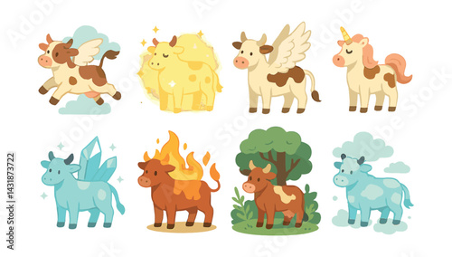 Enchanted cow icons set: magical variations in flat design. Vector icons