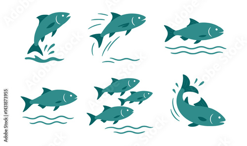 Dynamic fish motion icons set: exploring marine life movements (). Vector icons