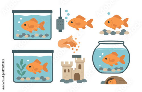 Aquarium fish life icons set: featuring tanks, fish, and accessories. Vector icons