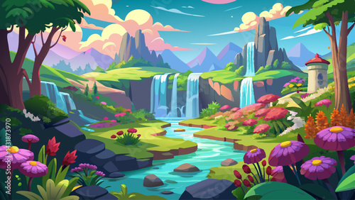 Waterfalls and flowers, beautiful landscape, idyllic background with many flowers in Eden.
