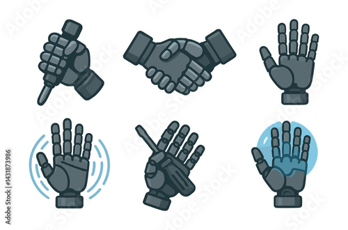 Futuristic robotic hand gestures icon set - flat style for innovative designs. Vector icons