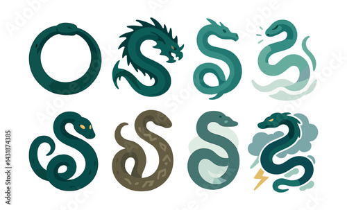 Mythical serpents icons set - featuring eight unique designs. Vector icons